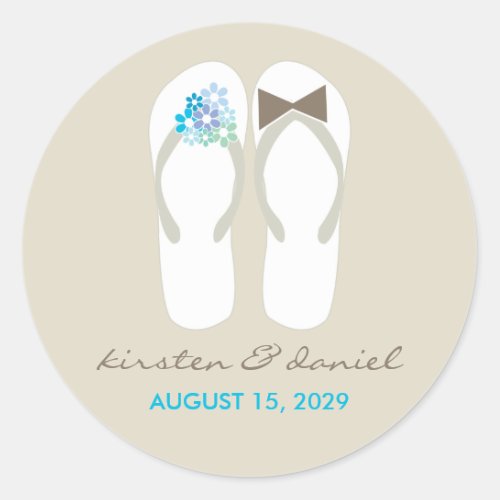 Mr  Mrs Blue Flowers Flip Flops Beach Wedding Classic Round Sticker