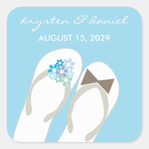 Mr  Mrs Blue Flowers Flip Flops Beach Wedding Square Sticker