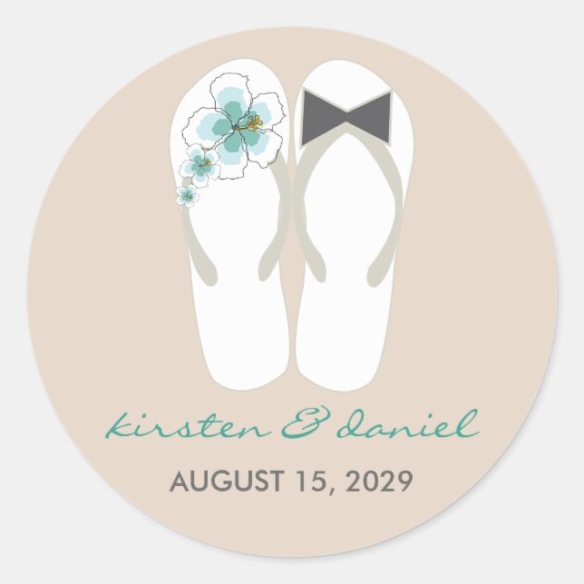 Mr & Mrs Blue Hibiscus Flip Flops Beach Wedding Classic Round Sticker (Front)