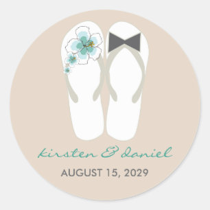 Mr & Mrs Blue Hibiscus Flip Flops Beach Wedding Classic Round Sticker