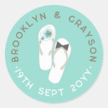 Mr &amp; Mrs Blue Hibiscus Flip Flops Beach Wedding Classic Round Sticker