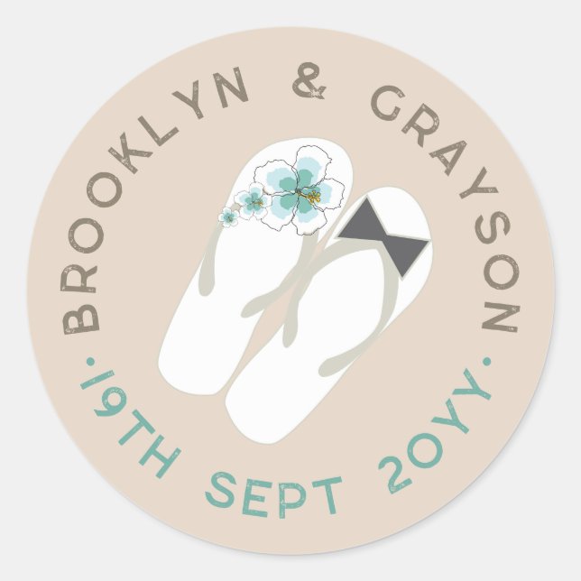 Mr & Mrs Blue Hibiscus Flip Flops Beach Wedding Classic Round Sticker (Front)