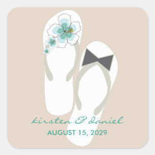 Mr & Mrs Blue Hibiscus Flip Flops Beach Wedding Square Sticker