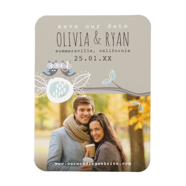 Mr & Mrs Blue Wedding Owls Save The Date Photo Magnet (Vertical)
