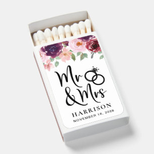 Mr Mrs Blush Burgundy Floral Wedding Matchboxes