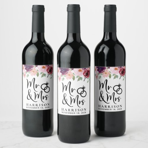 Mr Mrs Blush Burgundy Floral Wedding Wine Label