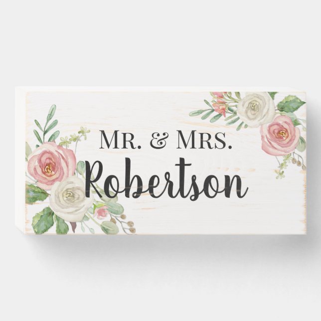 Mr. & Mrs. Blush Floral Wedding Reception Wooden Wooden Box Sign (Front Horizontal)
