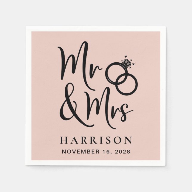 Mr Mrs Blush Pink Wedding Napkins (Front)