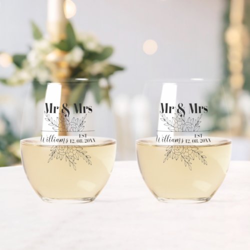 Mr  Mrs Boho Wedding Anniversary Family Name Est Stemless Wine Glass