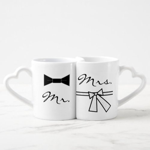 Mr  Mrs Bow Tie  Bow w Joining Heart on Back Coffee Mug Set