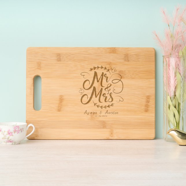 Mr. & Mrs. Bridal Shower Wedding Gift  Engraved Cutting Board (Upright)