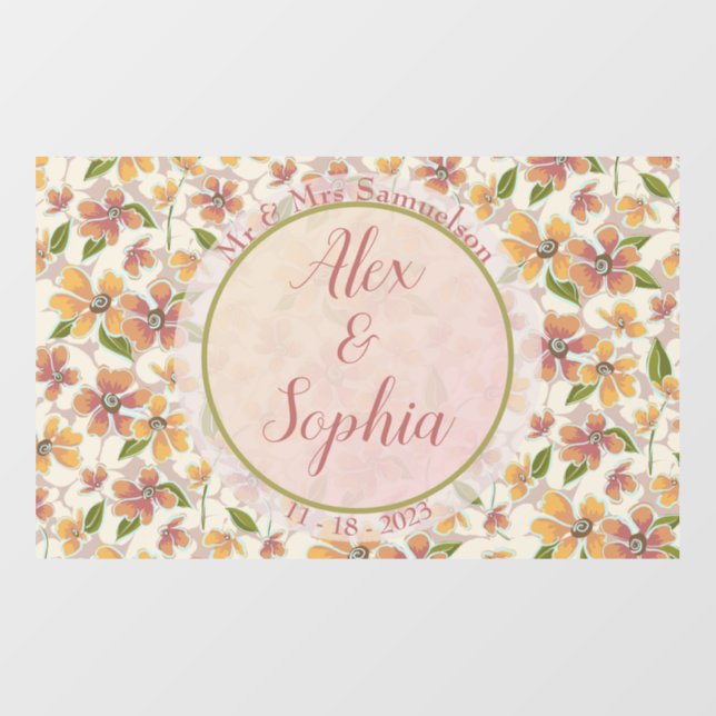 Mr & Mrs Bride & Groom Date Orange Pink Floral Floor Decals (Front)