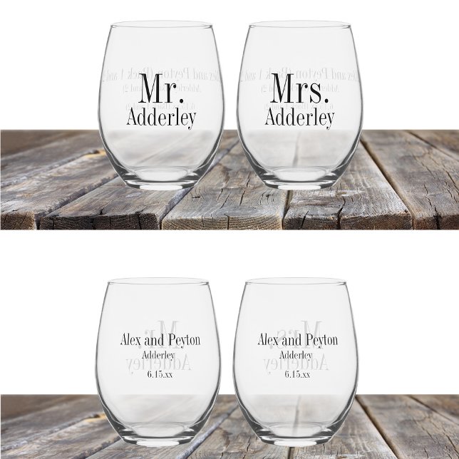 Mr. Mrs. Bride Groom Wedding Customized Stemless Wine Glass (Mr. and Mrs. wedding reception stemless wine glasses customized with your names)