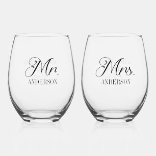 Mr. Mrs. Bride Groom Wedding Reception Customized Stemless Wine Glass