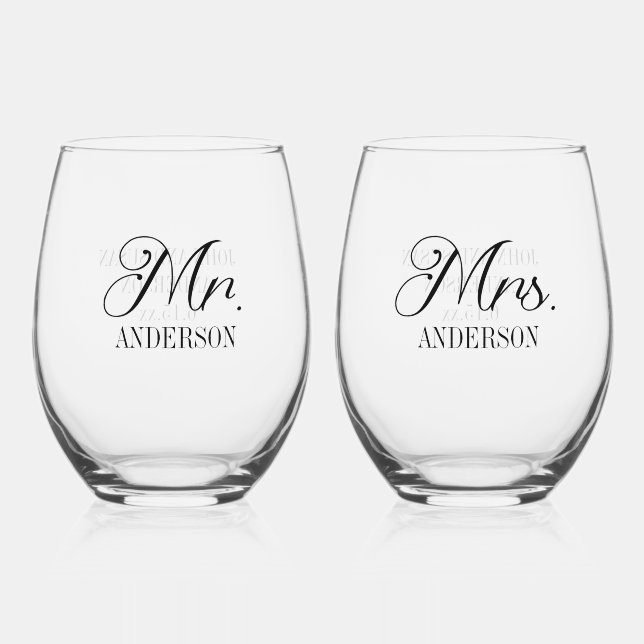Mr. Mrs. Bride Groom Wedding Reception Customized Stemless Wine Glass (Front)