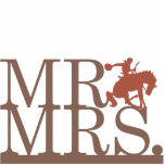 Mr & Mrs Bronco Cake Topper Statuette<br><div class="desc">Celebrate your country or redneck wedding with this fun cake topper. It says "Mr Mrs" with a bucking bronco topped with a cowboy between them.</div>