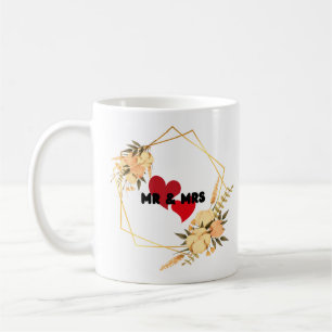 Mr & Mrs,Brown Minimalist Wedding ,2 red hearts Coffee Mug