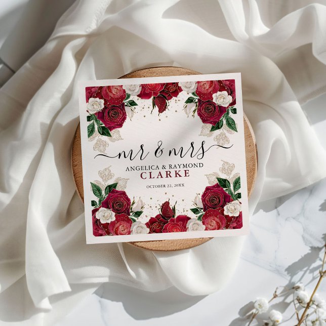 Mr & Mrs Burgundy & White Floral Elegant Wedding  Napkins (Creator Uploaded)