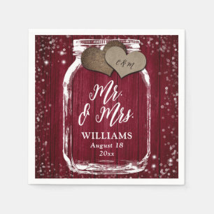 Mr. & Mrs. Burgundy Wood Mason Jar Barn Wedding Napkins