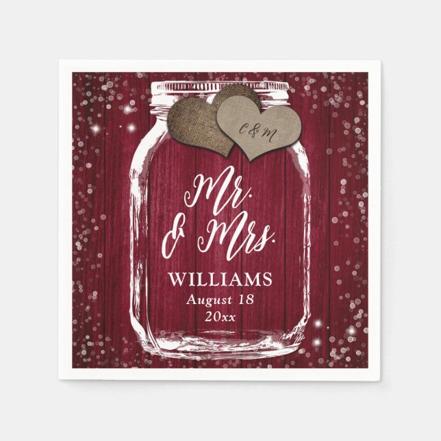Mr. & Mrs. Burgundy Wood Mason Jar Barn Wedding Napkins (Front)