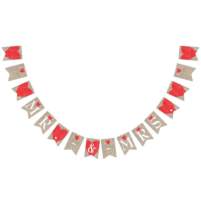 Mr. & Mrs. Burlap & Red Hearts Wedding Engagement Bunting Flags (All)
