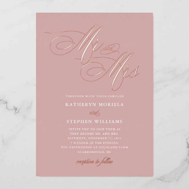 Mr & Mrs Calligraphy Wedding Rose Gold Foil Invitation (Front)
