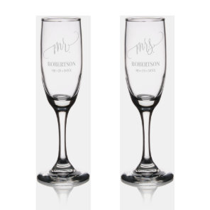 Mr & Mrs Champagne Flute Wedding Etched Glassware