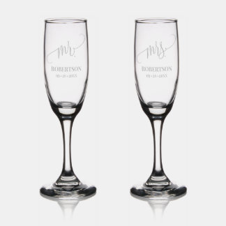 Mr & Mrs Champagne Flute Wedding Etched Glassware