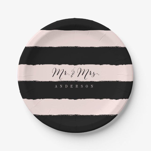 Mr & Mrs Chic Script Calligraphy Stripes Wedding Paper Plates (Front)