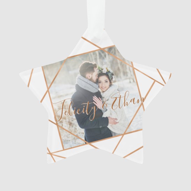 Mr & Mrs Christmas | Modern Copper Geometric Photo Ornament (Front)