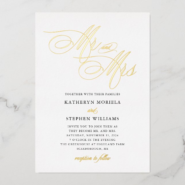 Mr & Mrs Classic Calligraphy Wedding Gold Foil Invitation (Front)
