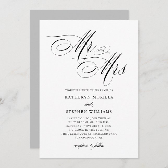 Mr & Mrs Classic Calligraphy Wedding Invitation (Front/Back)