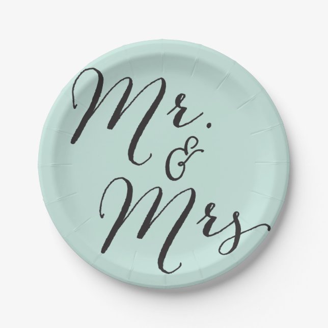 Mr & Mrs Classic Script Chic Calligraphy Wedding Paper Plates (Front)