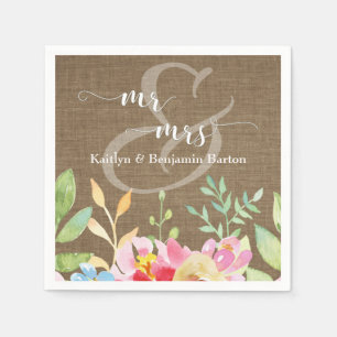 Mr. & Mrs. Colorful Watercolor Flowers over Burlap Napkins