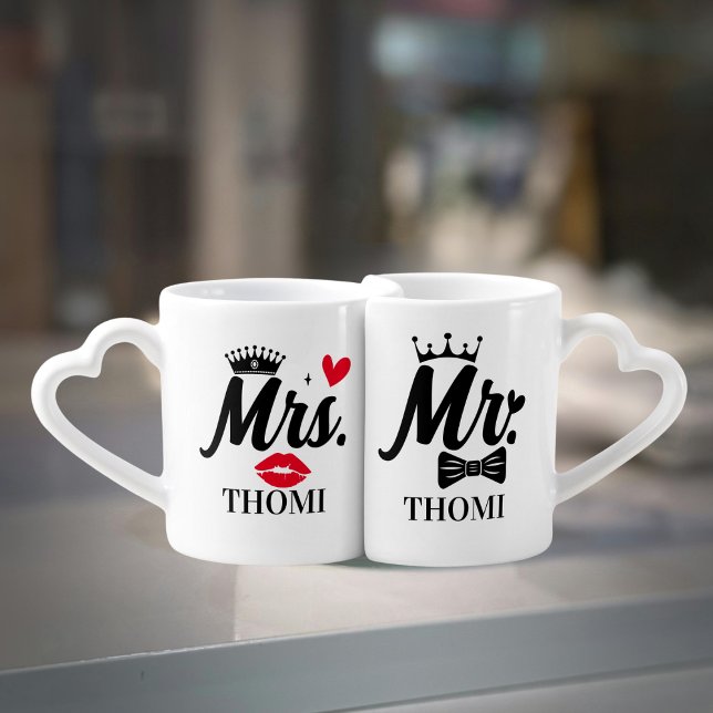 Mr & Mrs Couple Lips Heart Crown Bowtie Coffee Mug Set (Mr & Mrs Couple Lips Heart Crown Bowtie gifts ideas groom and bride new husband couple just married )