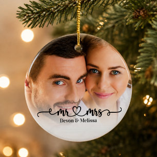 Mr & Mrs Couple Photo Overlay Script Heart Ceramic Ornament