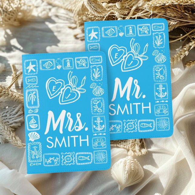 Mr Mrs Couple Seashells Honeymoon Personalized Passport Holder (Mr Mrs Couple Bride Groom Wedding Gift Seashells Honeymoon Personalized Passport Holder
)