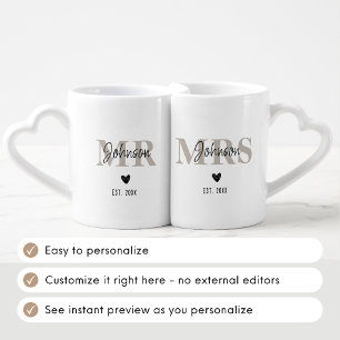 Mr & Mrs Couple's Last  Name & Year Modern Script Coffee Mug Set