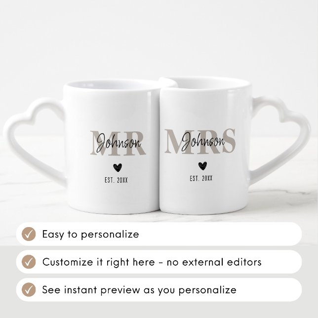 Mr & Mrs Couple's Last  Name & Year Modern Script Coffee Mug Set (Creator Uploaded)