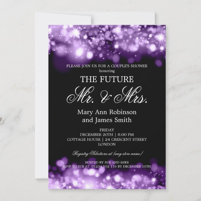 Mr Mrs Couples Shower Purple Sparkle Lights Invitation (Front)