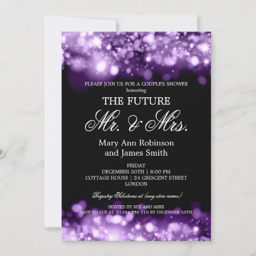Mr Mrs Couples Shower Purple Sparkle Lights Invitation