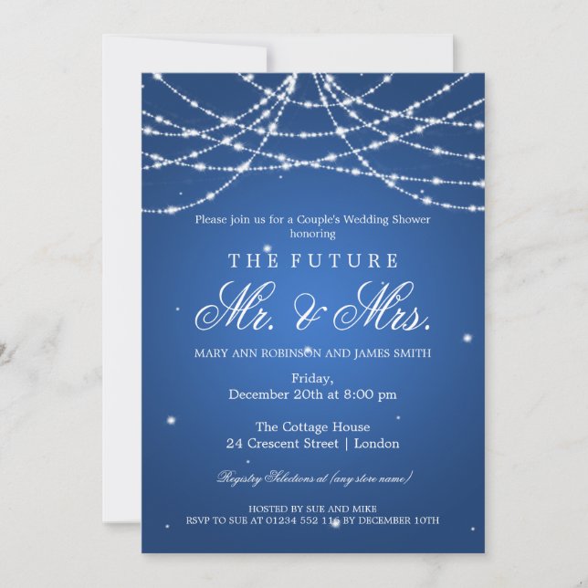 Mr Mrs Couples Shower Sparkling String Blue Invitation (Front)