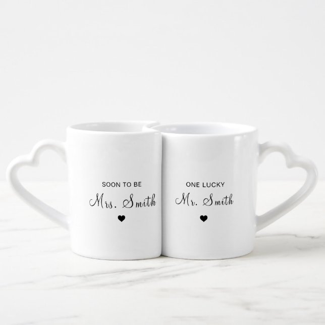 Mr. & Mrs. Custom Bride Groom Personalized Engaged Coffee Mug Set (Back Nesting)