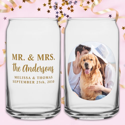 Mr  Mrs Custom Photo Modern Gold Elegant Wedding  Can Glass