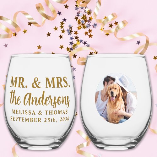 Mr  Mrs Custom Photo Modern Gold Elegant Wedding  Stemless Wine Glass