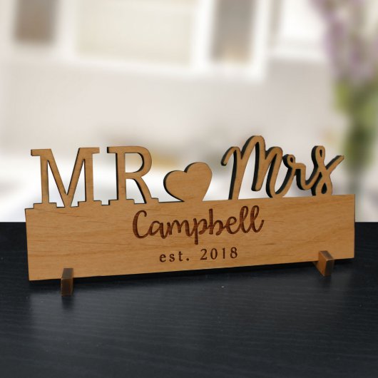 Mr. & Mrs. Cute Engraved Alder Wood Plaque (Front)