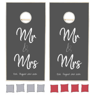 Mr Mrs Date Script Typography Gray Cornhole Set
