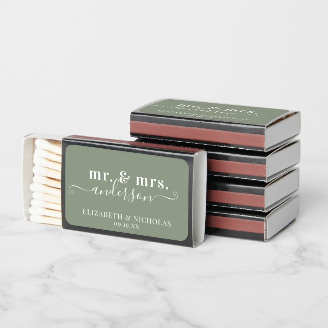 Mr. & Mrs. | Desert Cactus Green Wedding Favor Matchboxes (Stacked)