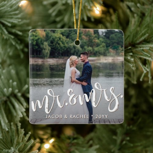 Mr. &amp; Mrs. Distressed Overlay Photo Wedding Ceramic Ornament