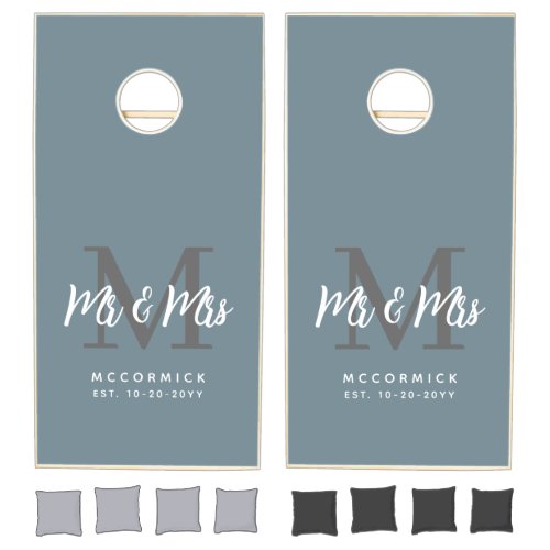 Mr  Mrs Dusty Blue Newlyweds Script Monogram Name Cornhole Set